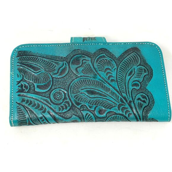 Western Hand Tooled Sustainable Leather Turquoise Teal Blue Green Long Wallet - Picture 5 of 8